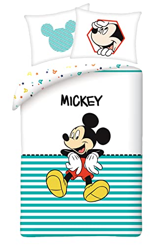 Halantex Juego de cama de Mickey Mouse de algod&oacute;n, funda n&oacute;rdica de 140 x 200 cm y funda de...