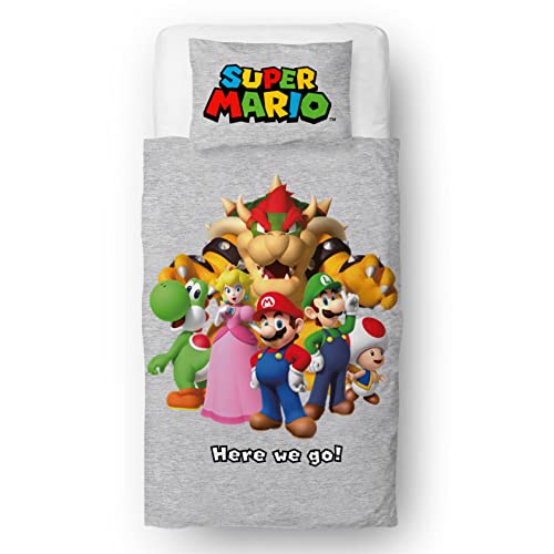 Juego de Funda de edredón Oficial de Nintendo Super Mario para Cama Individual, diseño Here We Go...