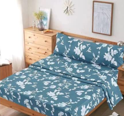 Kingkely Juego de Sabanas Estampadas (Azul Flores Blancas, 220 x 240 cm.Cama 135)