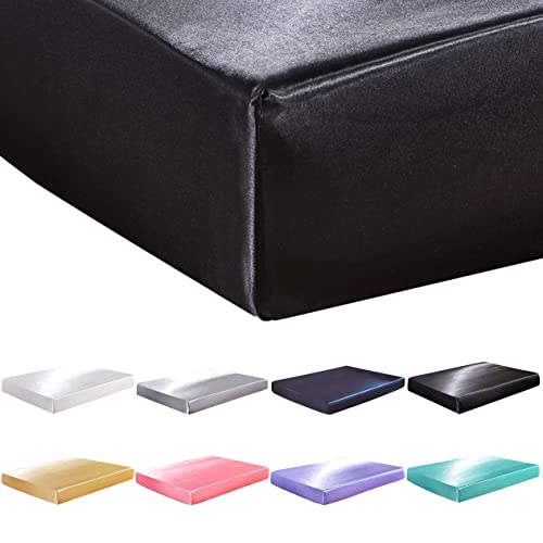 Milopon Sábana Bajera 135 x 190 cm, de Satén de Seda Muy Suave para Cama de Agua y Somier (Negro)