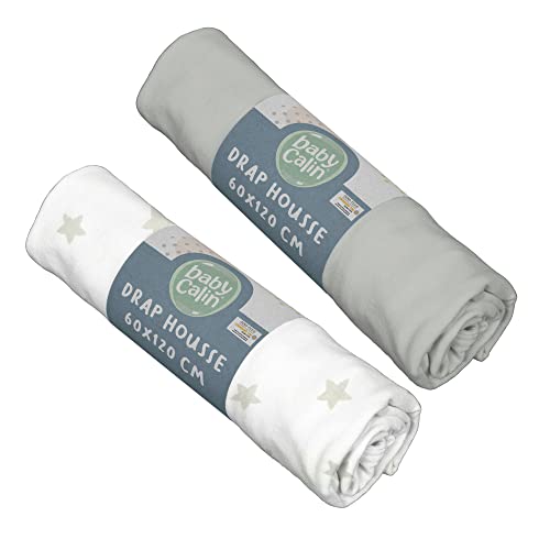 babyCalin - Juego de 2 s&aacute;banas bajeras liso gris + estrellas - 60x120 cm