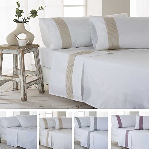 Juego de sabanas GORBEA Beige PERCAL ALGODÓN 100% 200 Hilos Color Blanco Cama de 135 x 190/200 100%...