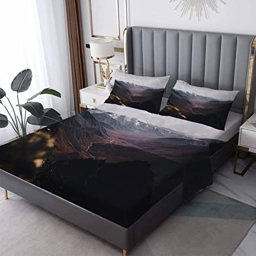 Montaña Juego de Sábanas Cama 150x200+35cm, Paisaje Negro Ropa de Cama Estampada Microfibra,4...