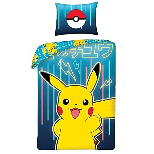 Halantex - Juego de Ropa de Cama con dise&ntilde;o de Pokemon Picachu, Color Amarillo y Azul, 2 Piezas 140...