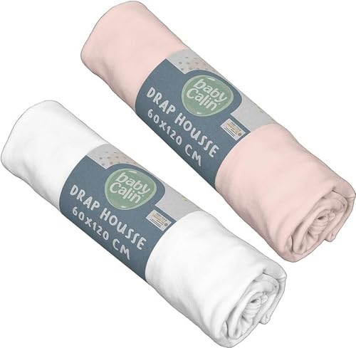 Babycalin - Set de 2 s&aacute;banas bajeras, 60cm x 120cm, Blanco/ Rosa