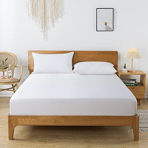 Sábana Bajera, Blanco, Cama de 160 * 200CM, Alto Especial de 35CM, Bambú, Seda Vegana,...