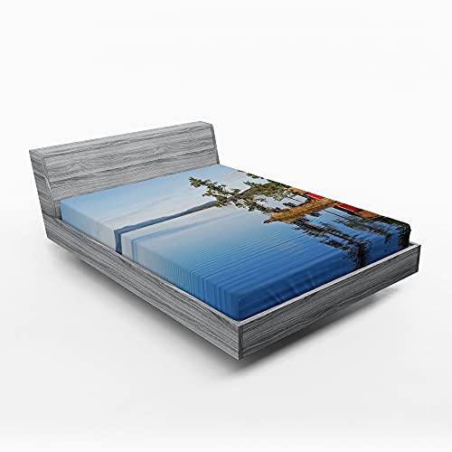 ABAKUHAUS Paisaje Sábana Elastizada, País casa del Lago, Suave Tela Decorativa Estampada Elástico...