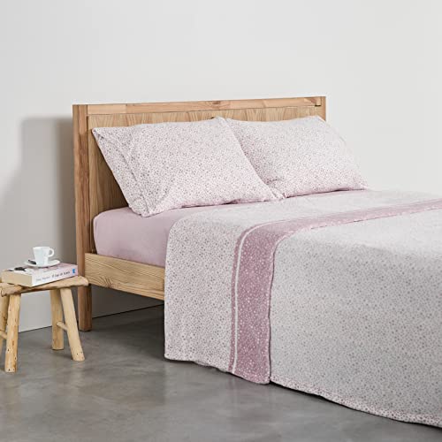 Casa da Laura - Sábanas de Coralina Flute Estampadas Rosa - Cama de 150/160 x 200 cm - 4 Piezas -...