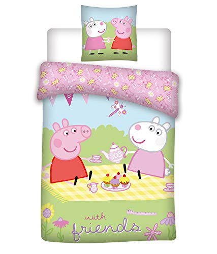 035 Peppa Pig - Ropa de Cama para ni&ntilde;os, Ropa de Cama de Peppa Pig con Amigos, Funda de Almohada de...