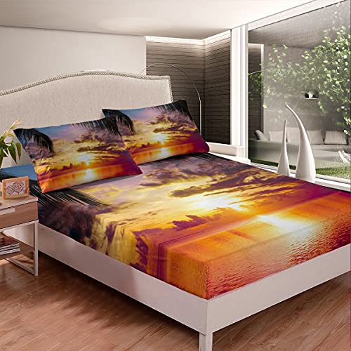 Ocean Beach - Juego de sábanas para Cama de Playa con Paisaje de Palmera, para niños, niñas,...