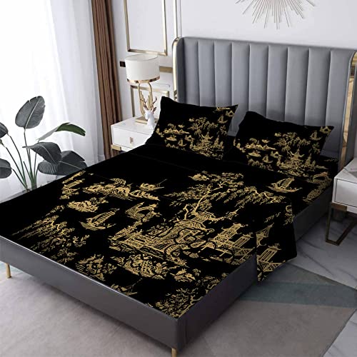 Japon&eacute;s Juego de S&aacute;banas Cama 90x190+35cm, Arquitectura Oriental Ropa de Cama Estampada...