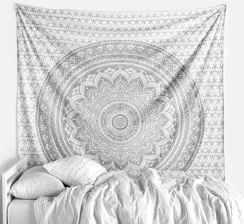 THE ART BOX Mandala Hippie Algod&oacute;n Tela Tapiz Plata y Blanco - 135x160cm Indio Boho Toalla Manta...