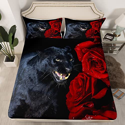 Juego de s&aacute;banas de leopardo 3D con dise&ntilde;o de pantera negra con estampado de animales de pantera...