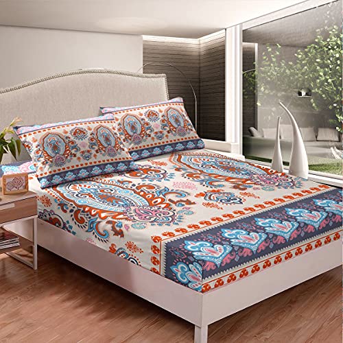 Juego de sábanas para niñas Boho Paisley Rojo Azul Floral Juego de sábanas para niños y Mujeres,...