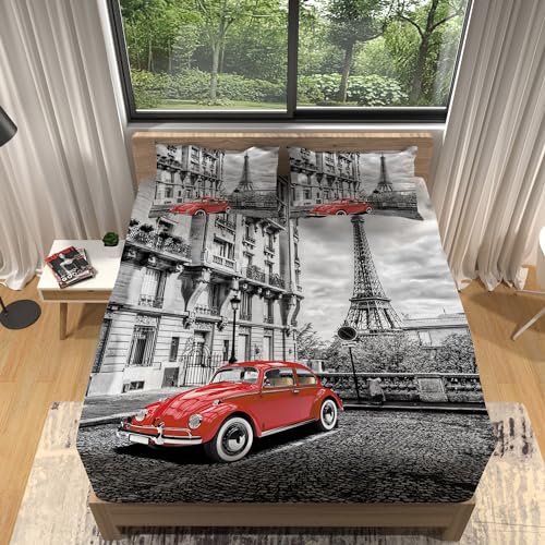 WHUOEUCO Sábana Bajera 90x190 cm patrón Paris Gris Sabana Bajera Ajustable Microfibra, Sabánas...