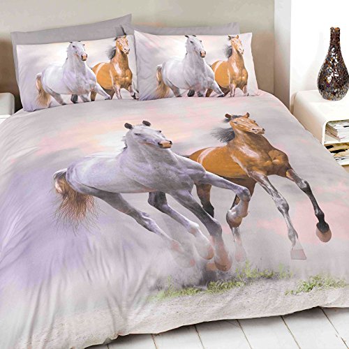 Just Contempo - Juego de Funda n&oacute;rdica y Dos Fundas de Almohada, dise&ntilde;o de Caballos, Color Blanco,...