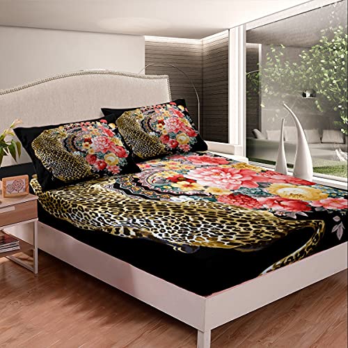 Juego de s&aacute;banas de leopardo con dise&ntilde;o de mandala bohemio, floral, para ni&ntilde;os, ni&ntilde;as, ramas,...