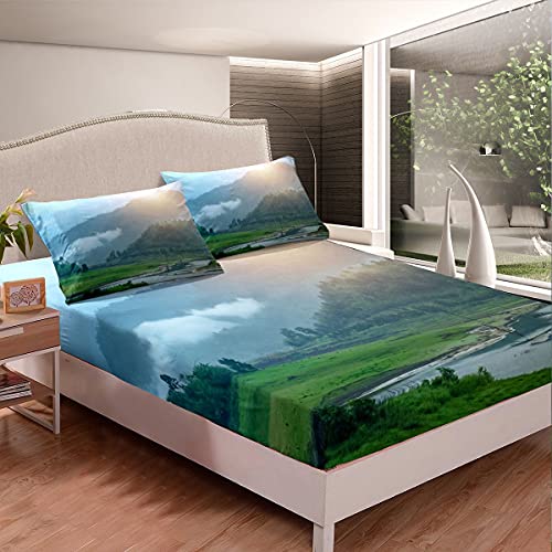 Juego de cama para niñas y niños con nieblas y montañas, juego de sábanas de paisaje, juego de...