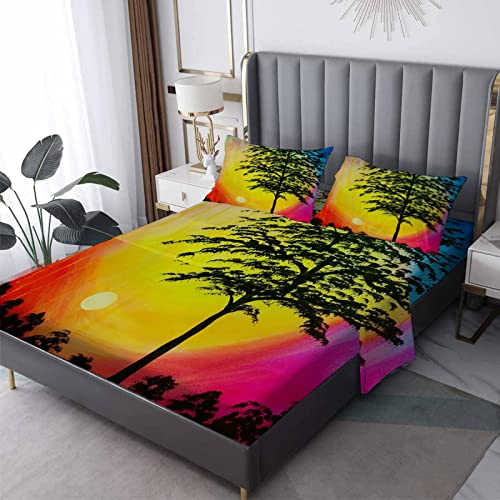 Paisaje Juego de Sábanas Cama 150x200+35cm, árbol Atardecer Dorado Ropa de Cama Estampada...