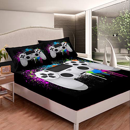Gamepad - Sábana bajera ajustable para joven gamer, 140 x 200 cm, color blanco, juego de...