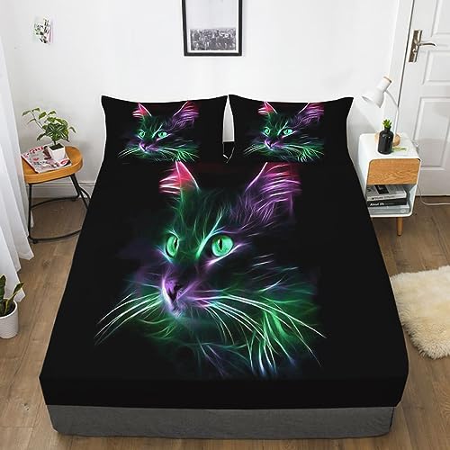 Sabana Bajera 90x190 Gato Sabanas Cama Negro Juego de Sabanas Ajustable Suaves, Elastico Funda...
