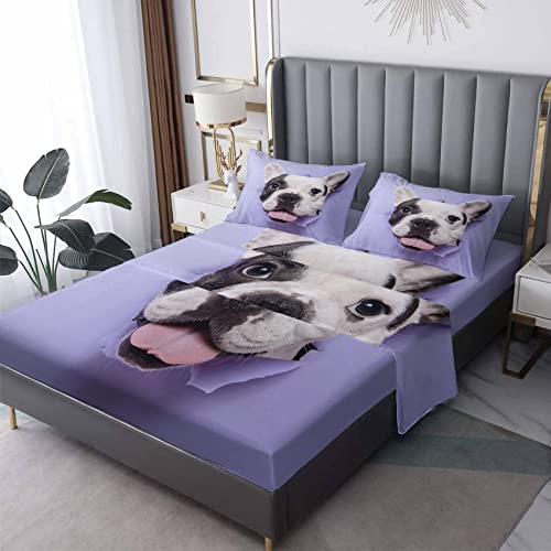 Bulldog Franc&eacute;s Juego de S&aacute;banas Cama 160x200+35cm, Perro Morado Ropa de Cama Estampada...