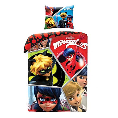 Ladybug Miraculous Team - Juego de funda n&oacute;rdica y funda de almohada para cama individual, 160 x...