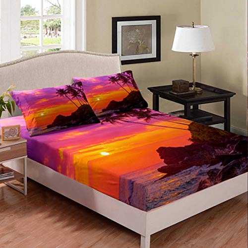 Ocean Beach - Juego de sábanas para niñas y niños, juego de ropa de cama con paisaje de puesta de...