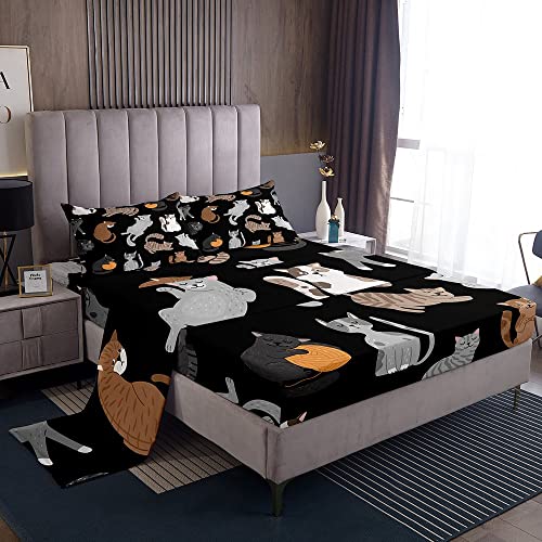 Juego de s&aacute;banas de dibujos animados para gatos coloridos con estampado de gatos, juego de ropa de...