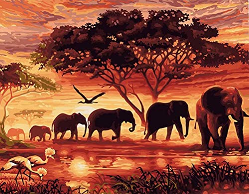 Amiiba - Kit de pintura por n&uacute;meros, elefante africano de la sabana, &aacute;rbol de la vida, paisaje al...