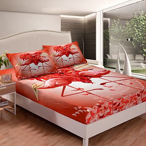 Juego de s&aacute;banas de flamenco tropical con flamencos para ni&ntilde;os y ni&ntilde;as, color rojo, para amantes...