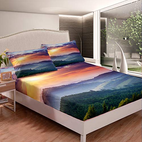 Juego de sábanas de pastizales montaña Puesta del Sol Sábanas Paisaje Natural Ropa de Cama para...