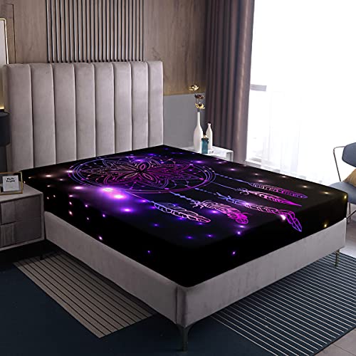 Loussiesd Atrapasueños púrpura sábana bajera ajustable niña mujer Bohemia pluma sábana bajera...