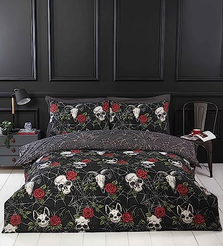 Rapport Home Juego de Funda de edred&oacute;n Negro con Calaveras y Rosas, Juego de Cama Doble de...