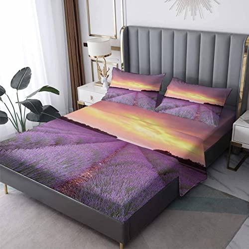 Lavanda Juego de Sábanas Cama 120x200+35cm, Paisaje Ropa de Cama Estampada Microfibra, 3 Piezas - 1...