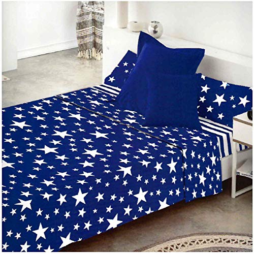 COTTON ARTean Juego de sabanas GIVETTE Azul Cama de 160 x 190/200.