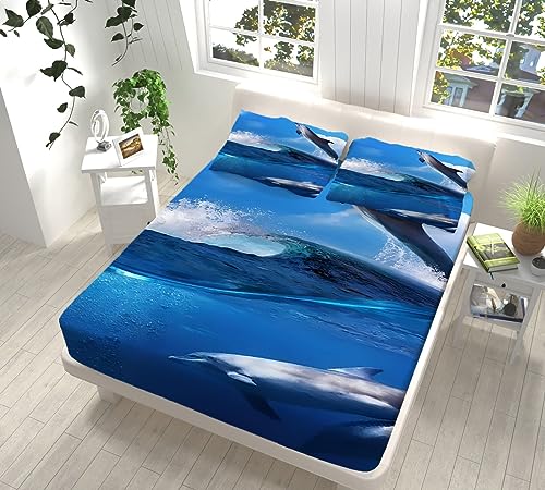 Sabana Bajera 90x190 Ajustable Oc&eacute;ano Azul y Delfines 3D Suave C&oacute;moda Microfibra S&aacute;bana Ajustable...