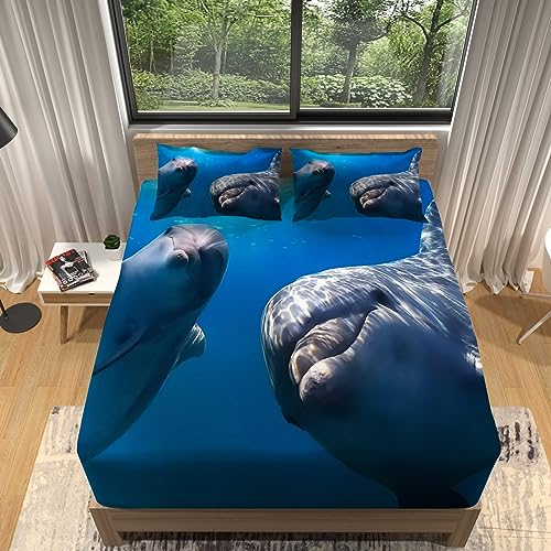 Sabanas Bajeras delf&iacute;n Azul del oc&eacute;ano Sabanas 135 x 190 Microfibra S&aacute;bana Ajustable El&aacute;stico en...