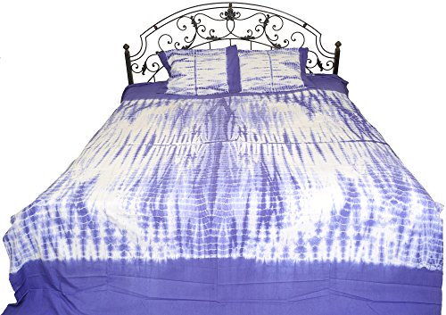 Exotic India S&aacute;bana de algod&oacute;n Puro con Fundas de Almohada te&ntilde;ida en Blanco y Azul de Rajasthan