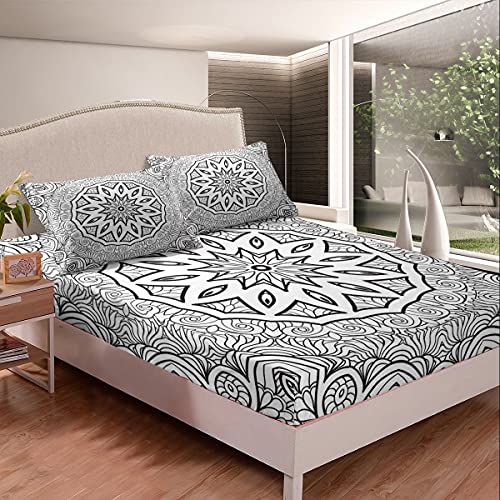 S&aacute;banas de cama de mandala blanco y negro para ni&ntilde;os, &eacute;tnico, retro, bohemio, estampado floral,...