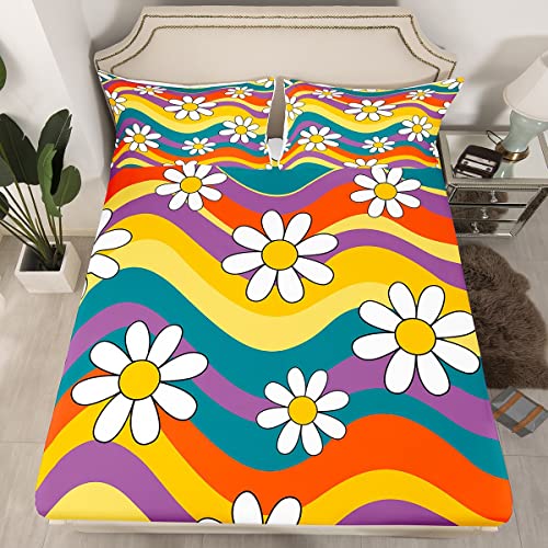 Juego de s&aacute;banas bajeras hippie de flores de arco iris para ni&ntilde;os, ni&ntilde;as, adolescentes, juego de...
