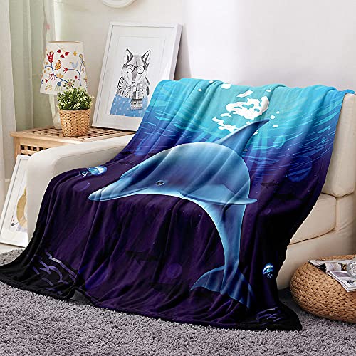 SJYHNB Manta de impresi&oacute;n 3D para sof&aacute;, Azul y delf&iacute;n Manta de Franela, Manta de Lana, s&aacute;banas,...
