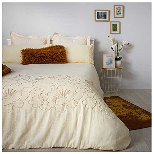 COTTON ARTean Funda Nordica Bordada ASCAIN Cama de 135 PERCAL ALGOD&Oacute;N 100%. Color Beige Natural.