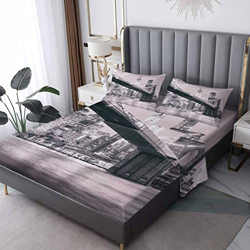 Nueva York Juego de S&aacute;banas Cama 90x190+35cm, Puente Ropa de Cama Estampada Microfibra, 3 Piezas -...