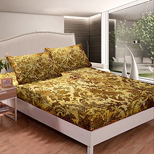 Juego de s&aacute;banas de Damasco Dorado Boho Damasco s&aacute;bana Bajera para ni&ntilde;os ni&ntilde;as Adolescentes...
