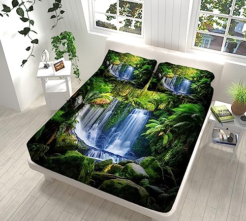 Paisaje Natural Verde Sábana Bajera 160x200 cm Ajustable Bolsillo Extra Profundo 30cm con Elástico...