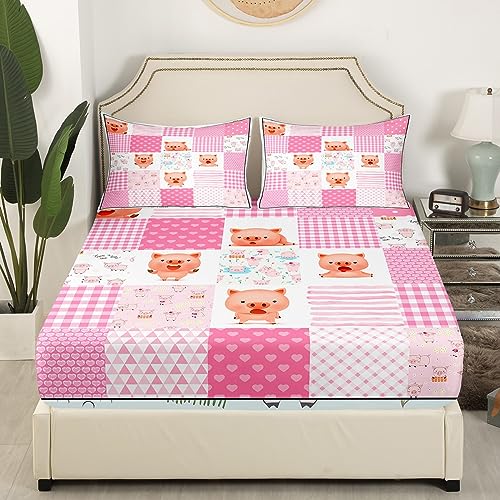 Sábana bajera ajustable con diseño de cerditos, tamaño doble, colección de cuadrícula...