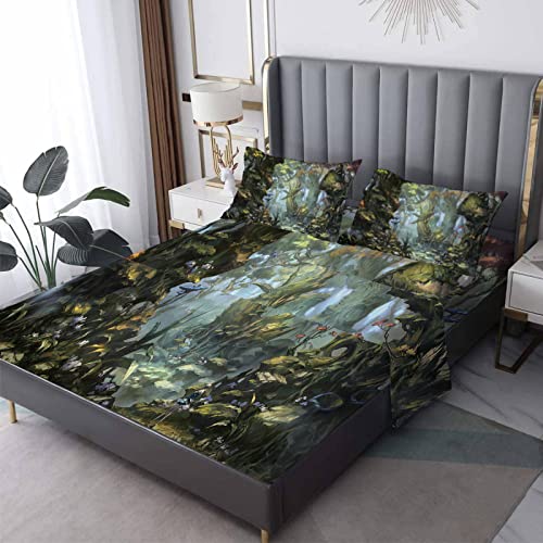 Paisaje Juego de Sábanas Cama 90x190+35cm, Bosque Fantasía Verde Ropa de Cama Estampada...