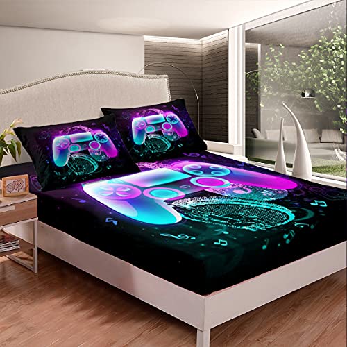 Juego de ropa de cama individual con auriculares para niños, con notas musicales, sábana bajera...