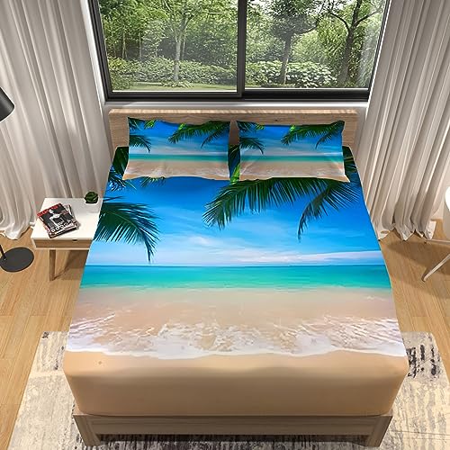 WHUOEUCO Sabanas Bajeras 135x190 cm Paisaje de Playa Sabanas Cama de Microfibra con Bolsillo...